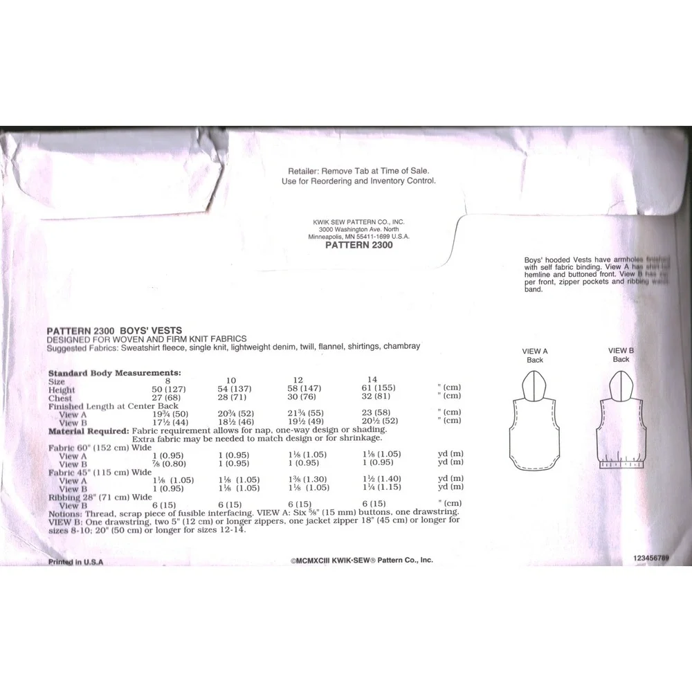 Kwik Sew 2300 Boys Hooded Vests Sewing Pattern Sizes 8-14 Vintage 1993 Kerstin M